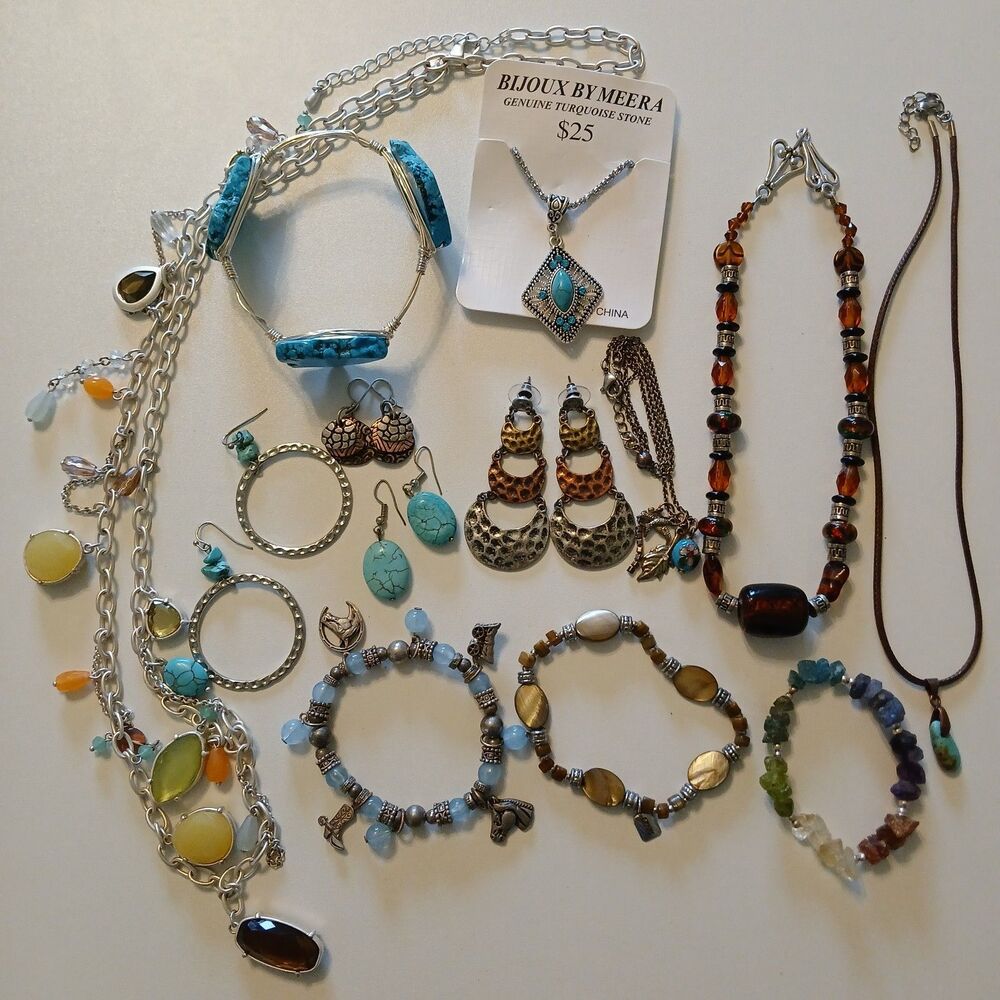 Boho Western Jewelry Lot 13pc Turquoise Amber Hammered Metal Necklaces Bracelets